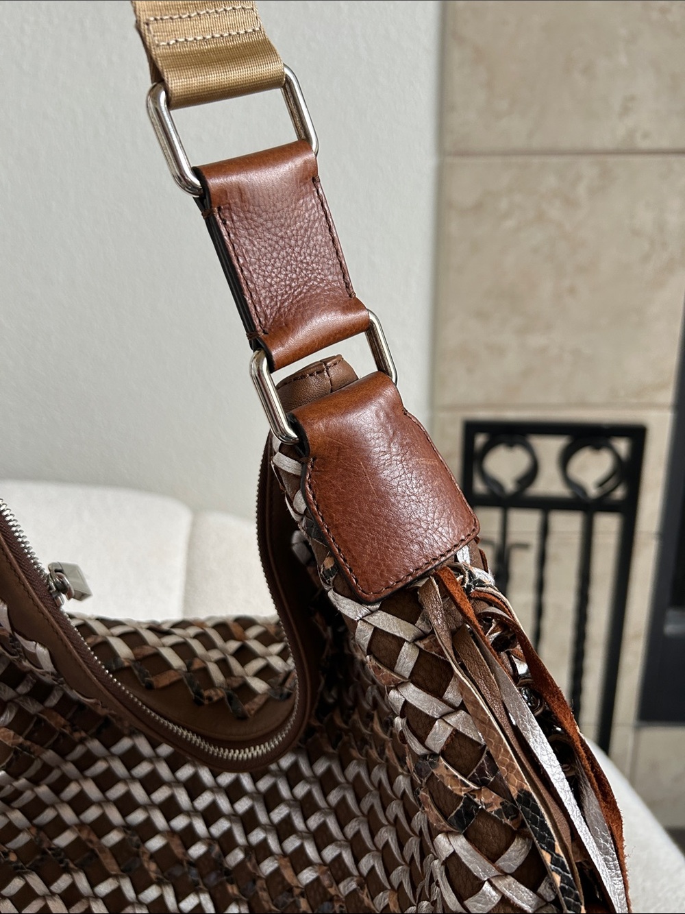 Marc Jacobs Woven Leather Fringe Shoulder Bag in Brown and Cream - Picture 3 of 5